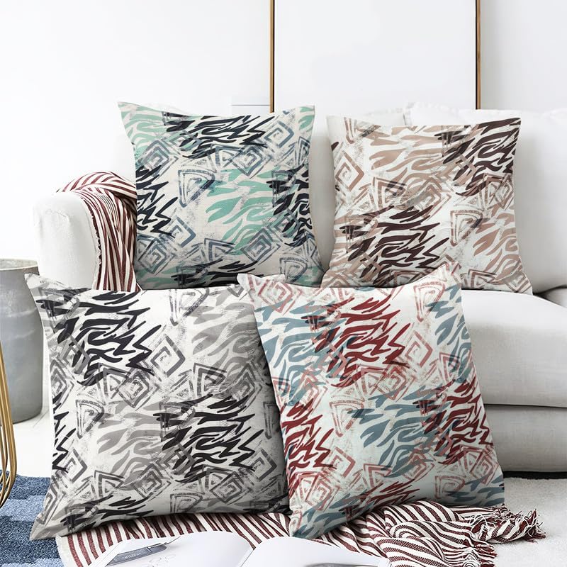 Printed Linen Velvet Cushion Covers, Throw Pillow Covers, Maria's Pattern Design, Decorative Pillow Covers, Set of 4 Pieces Multicolor