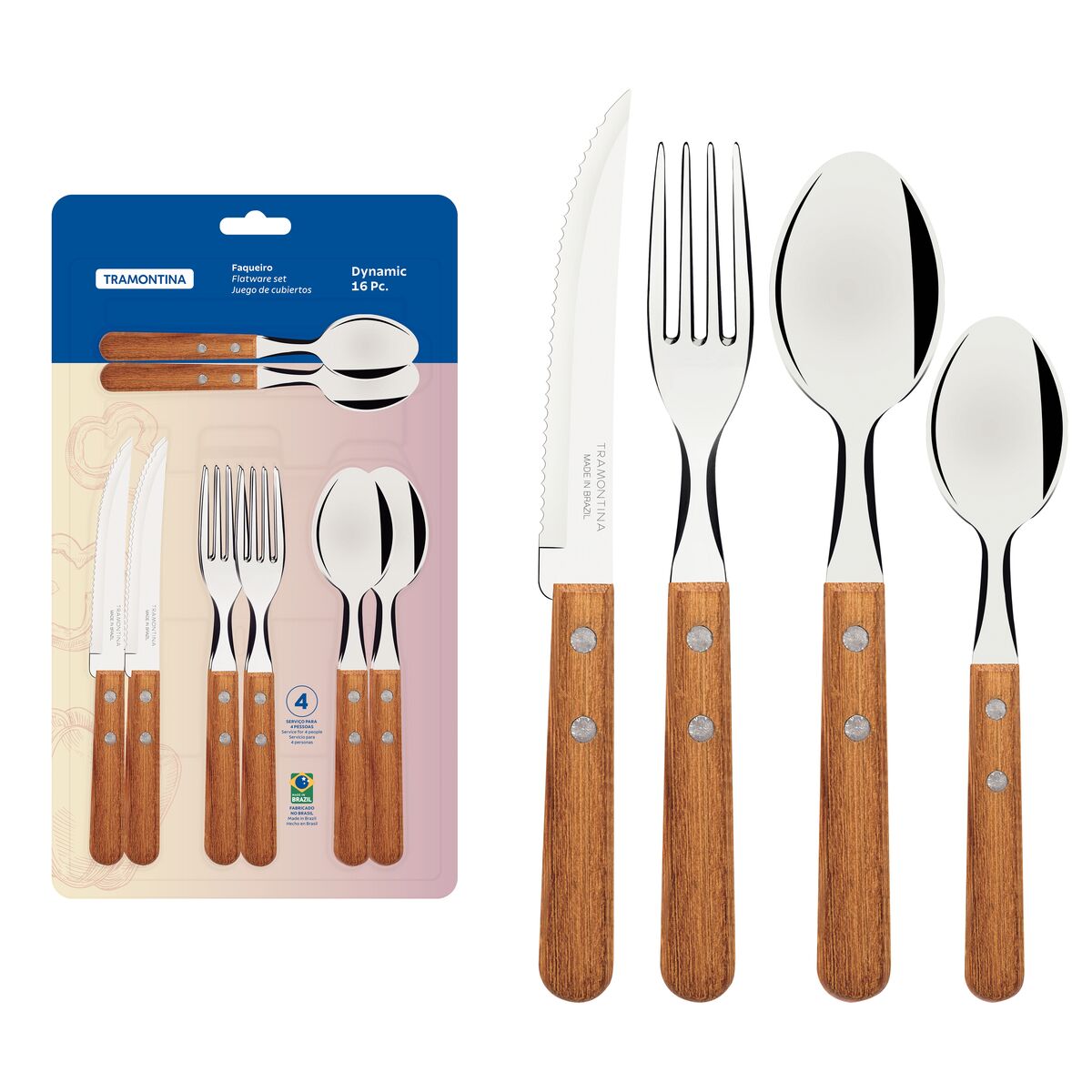 Dynamic 16-Piece Cutlery Set – Stainless Steel Blades with Natural Wood Handles – Versatile Kitchen Flatware Set