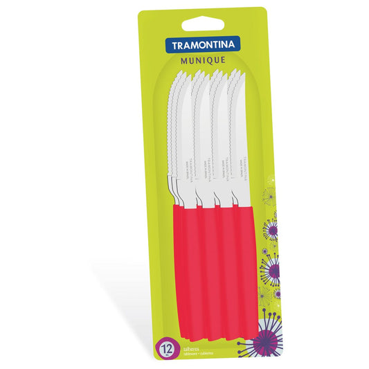 مجموعة سكاكين الشواء ميونيخ المكونة من 12 قطعة - مصنوعة من الفولاذ المقاوم للصدأ عالي المتانة، ومقابض مريحة من البولي بروبيلين، وجودة تدوم طويلاً - باللون الأحمر - مصممة للأداء العالي والمتانة،