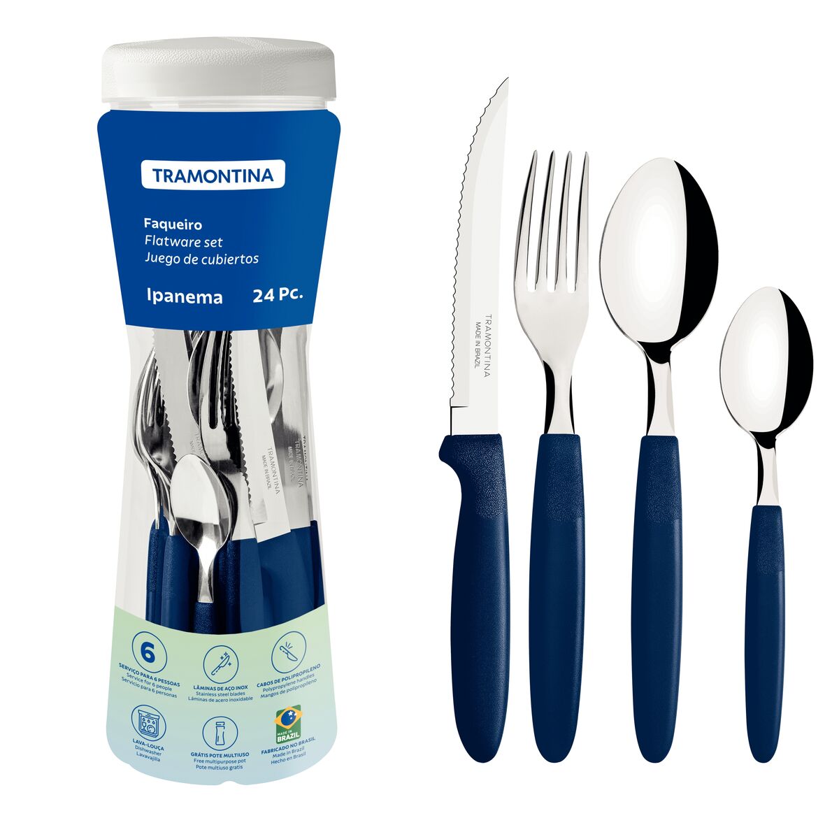 Ipanema 24-Piece Cutlery Set – Stainless Steel Blades – Blue Polypropylene Handles – Ideal for Daily Dining – Faqueiro Completo