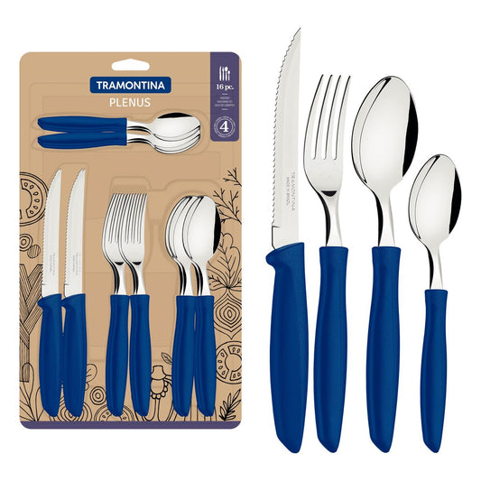 مجموعة أدوات مائدة بلينوس، 16 قطعة، شفرات من الفولاذ المقاوم للصدأ ومقابض من البولي بروبيلين باللون الأزرق، متينة وآمنة للاستخدام في غسالة الأطباق للاستخدام اليومي