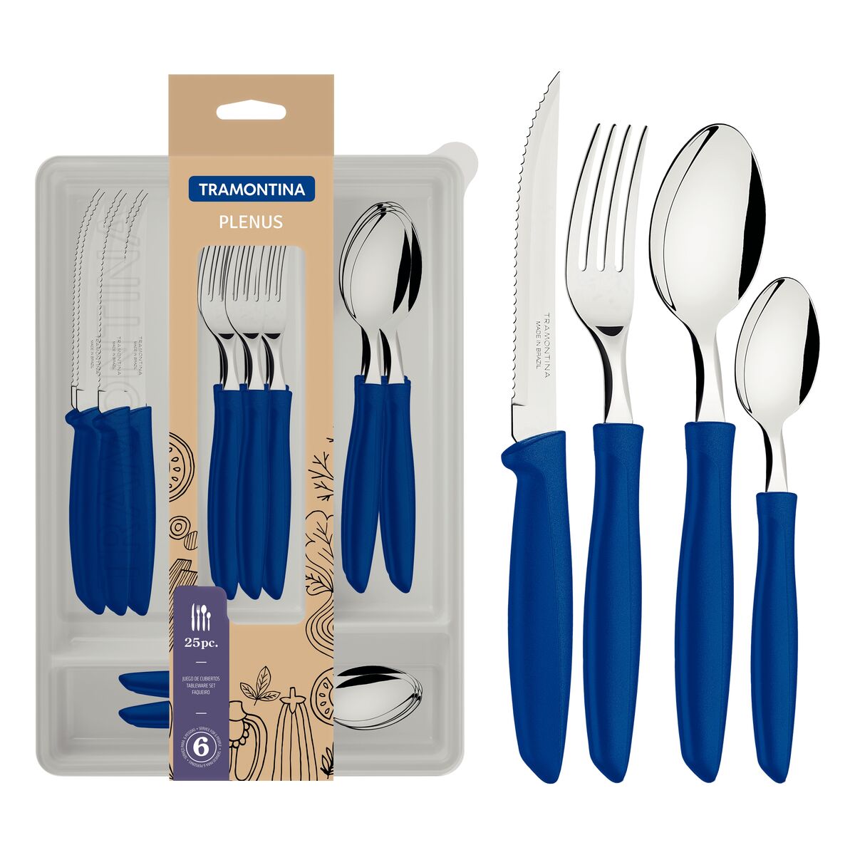 Plenus 25-Piece Cutlery Set with Blue Handles - Complete Set of Stainless Steel Knives, Forks, and Spoons for Everyday Dining and Entertaining - Designed for High Performance and