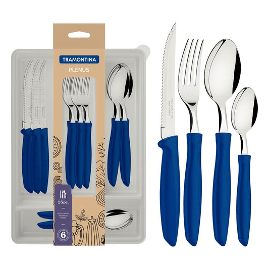 مجموعة أدوات مائدة بلينوس مكونة من 25 قطعة بمقابض زرقاء - مجموعة كاملة من السكاكين والشوك والملاعق المصنوعة من الفولاذ المقاوم للصدأ لتناول الطعام والتسلية يوميًا - مصممة للأداء العالي و