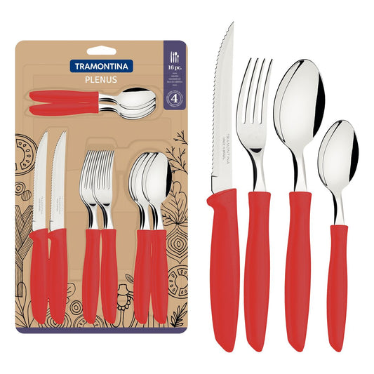 Plenus Cutlery Set – 16 Pieces – Stainless Steel Flatware with Red Handles – Durable & Dishwasher Safe
