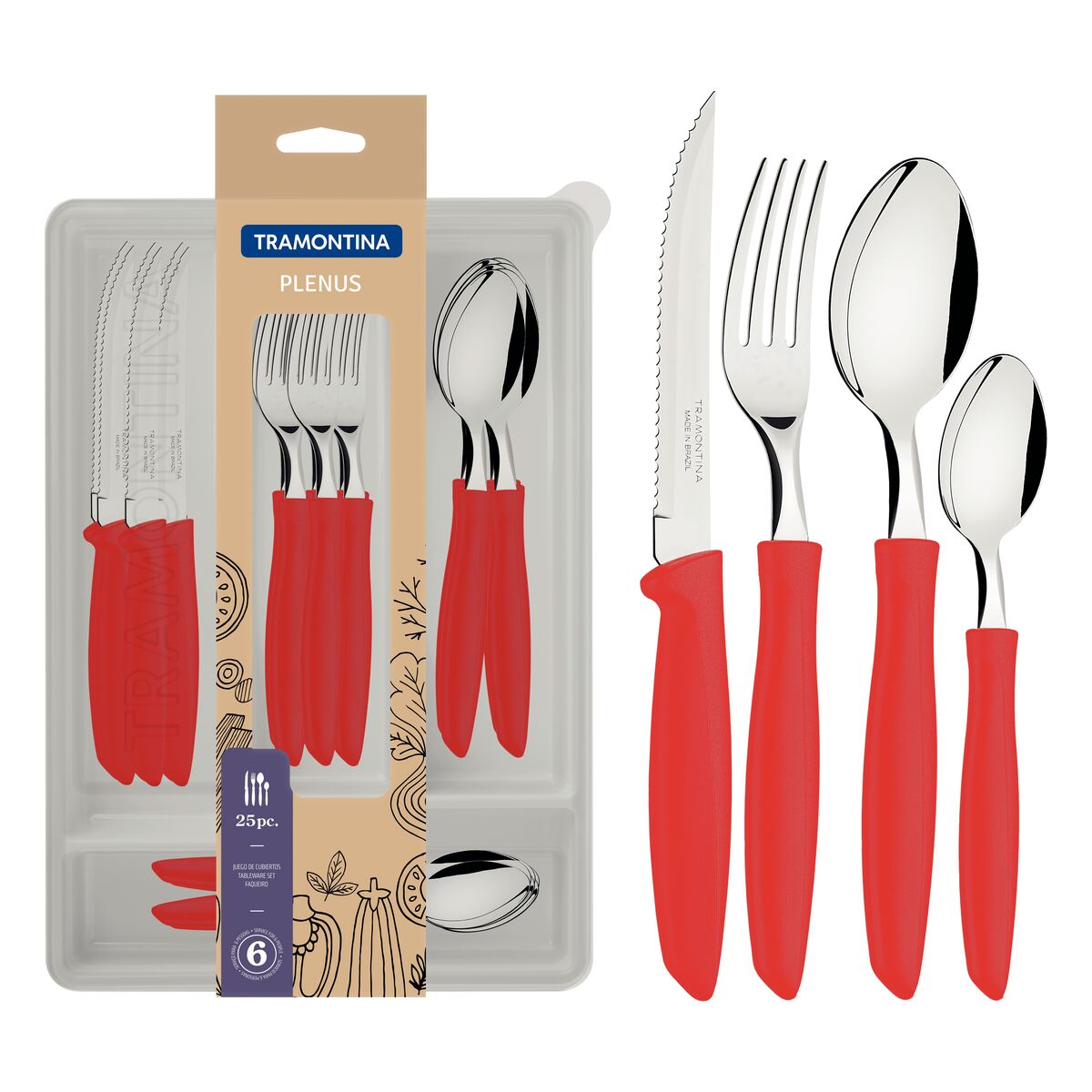 Ipanema 24-Piece Cutlery Set with Drawer, Stainless Steel Blades, Durable Red Handles, Perfect for Daily Use, Dishwasher Safe, Stylish Modern Design