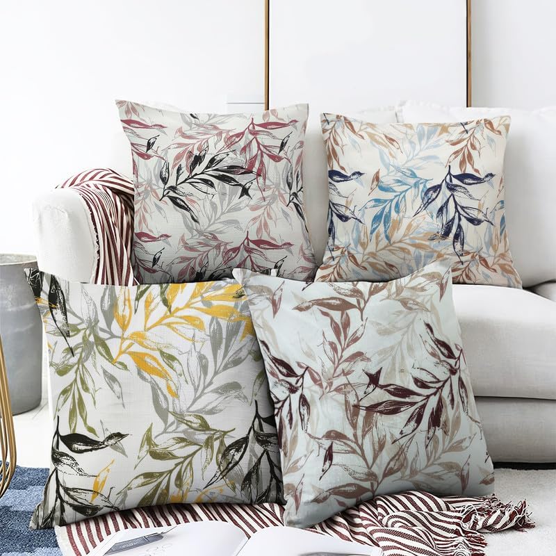Printed Linen Velvet Cushion Covers, Throw Pillow Covers, Leaves Pattern Decorative Pillow Covers, Set of 4 Pieces Multicolor