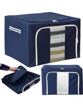 Clothes Storage Bag, 100L Foldable Organizer Bins with Sturdy Frame, Durable Oxford Fabric, Clear Window, Closet Storage for Bedroom, Blue
