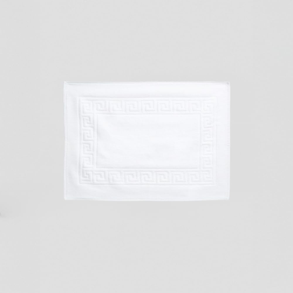 Hotel Cotton Bath Mat, White, Soft and Absorbent 100% Cotton, High GSM Shower Mat with Greek Key Border for Bathroom Floor Comfort, 50x70 cm, 300g