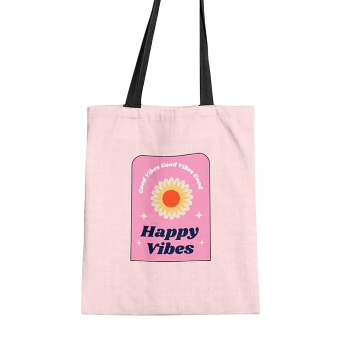 Canvas Happy Vibes Tote Bag, a Durable and Reusable Shopping Bag in Pink, 32x45 cm, a Cheerful and Stylish Carrier for Groceries, Books, Beach Trips, or Everyday Essentials