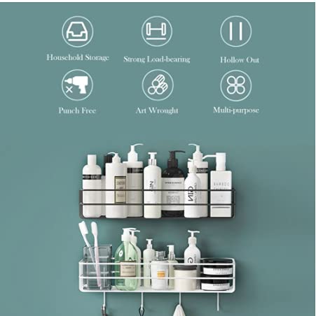 YARAX Metal Bathroom Shelf Shower Shelf Adhesive Shower Caddy For Shampoo Holder Kitchen Rack Wall Holder Box Storage Basket With Hook Magic Sticker Shower Rack Shelf With 4 Hook