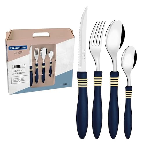 24-Piece Plenus Cutlery Set – Complete Set with Spoons, Forks & Knives, Dishwasher Safe, Durable Stainless Steel with Stylish Blue Handles, Perfect for Everyday Use & Di