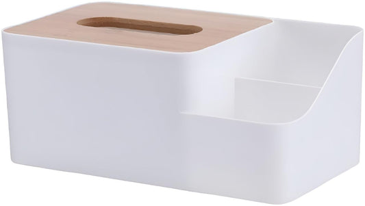 حامل مناديل متعدد الوظائف - علبة مناديل مستطيلة بغطاء خشبي، منظم سطح مكتب للهواتف والأجهزة اللوحية وجهاز التحكم عن بعد والأقلام ومستحضرات التجميل، مثالي للمنزل والمكتب - أبيض