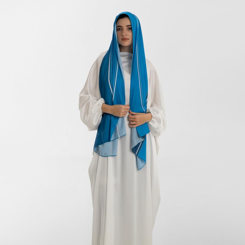 Isdal Al-Taqwa Women's Prayer Dress, a One-Piece Garment in Blue & White from Soft Satin for Full Modest Coverage, One Size, a Comfortable and Convenient Prayer Abaya Khimar for Salah