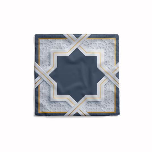 Rak2 Velvet Cushion Cover in White & Blue, a chic 40x40 cm decorative throw pillow with a modern Islamic art design, a sophisticated accent for festive home decor during Ramadan
