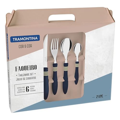 24-Piece Plenus Cutlery Set – Complete Set with Spoons, Forks & Knives, Dishwasher Safe, Durable Stainless Steel with Stylish Blue Handles, Perfect for Everyday Use & Di