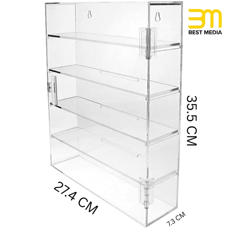 5 Tier Acrylic Display Case with Door – 27.4 x 35.6 cm Wall Mount or Countertop Cabinet, Removable Shelves for Shot Glasses, Minifigures, and Collectibles, Mirrored Back
