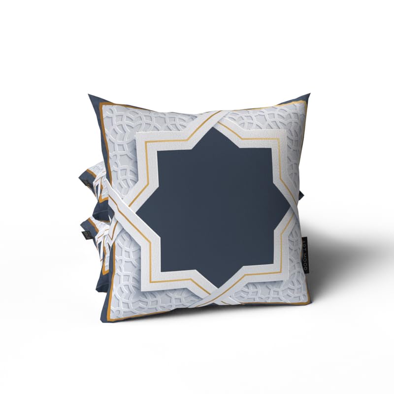 Rak2 Velvet Cushion Cover in White & Blue, a stylish 40x40 cm decorative throw pillow with a unique Islamic art design, a perfect festive home accent for Ramadan and Eid celebrations