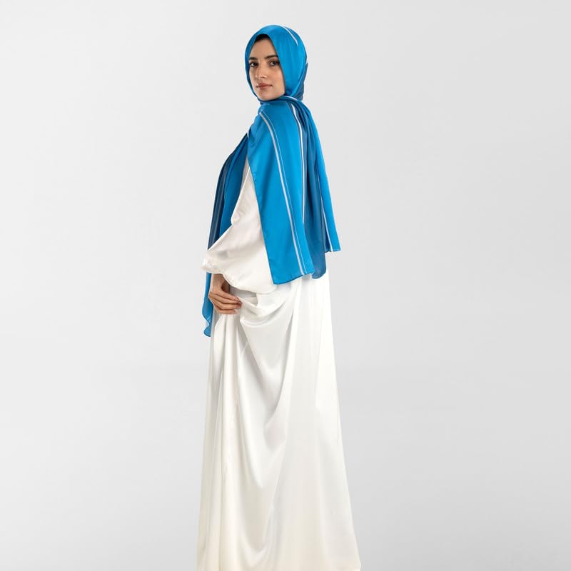 Isdal Al-Taqwa Women's Prayer Dress, a One-Piece Garment in Blue & White from Soft Satin for Full Modest Coverage, One Size, a Comfortable and Convenient Prayer Abaya Khimar for Salah