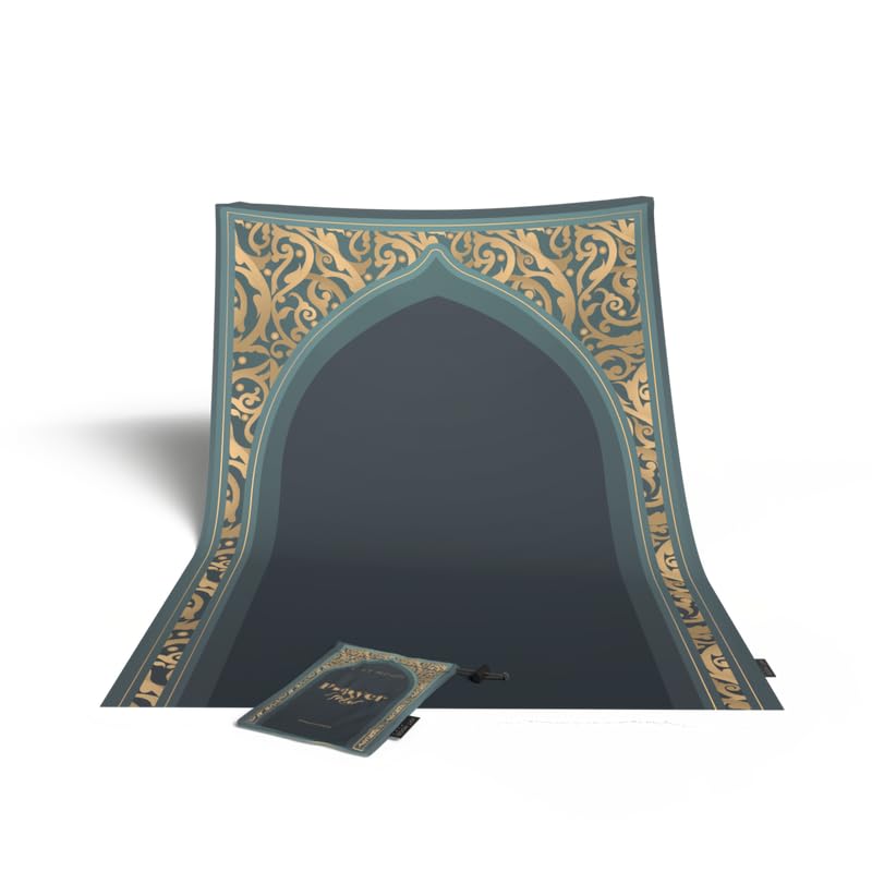 Waterproof Prayer Mat in Teal and Gold, 68x117 cm, a durable and beautiful rug with a rich design, perfect for travel and outdoor use, offering a clean and reliable prayer space
