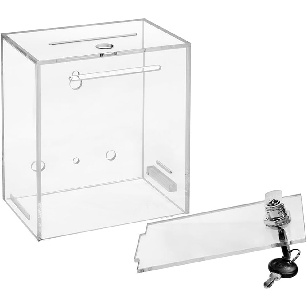 Acrylic Donation and Suggestion Box with Lock, Crystal Clear Freestanding or Wall-Mounted Display Box for Ballots, Promotions, or Feedback, Secure Slot Lid with Keys, Transparent Design