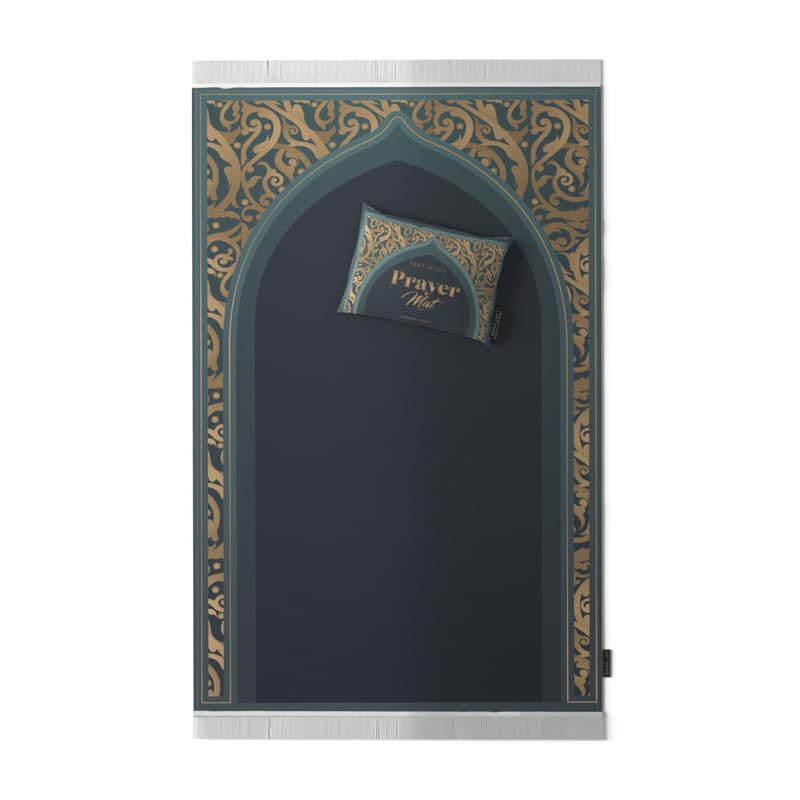 Velvet Prayer Mat in Teal and Gold, 68x117 cm, a luxurious and soft rug with a stunning, opulent design, providing a comfortable and elegant surface for your prayers at home or mosque