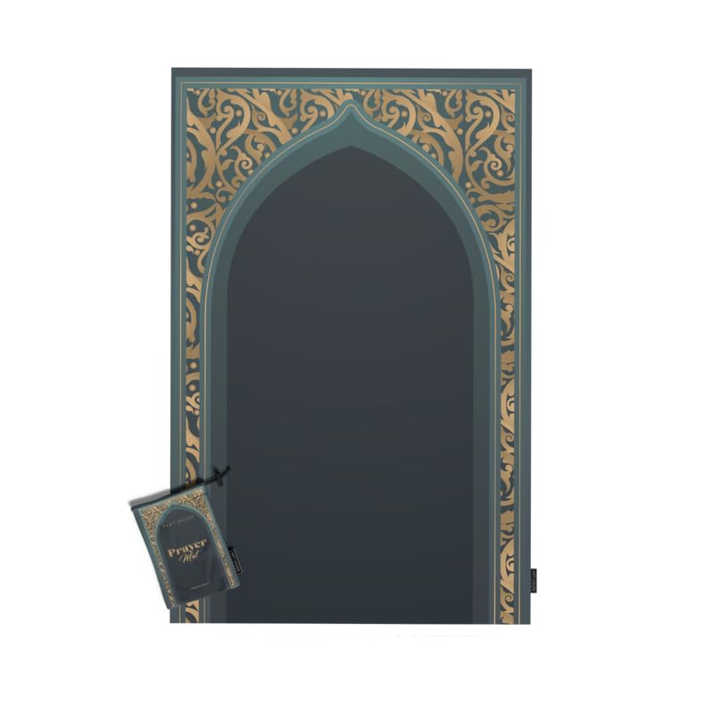 Waterproof Prayer Mat in Teal and Gold, 68x117 cm, a durable and beautiful rug with a rich design, perfect for travel and outdoor use, offering a clean and reliable prayer space