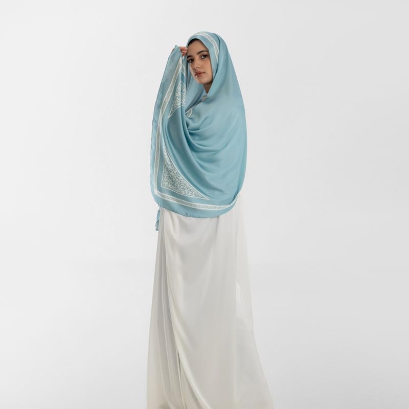 Isdal Al-Qubba Women's Prayer Dress, a One-Piece Garment in Blue & White made from Elegant Satin Fabric for Complete Coverage, One Size Fits All, a Comfortable Khimar for Daily Salah
