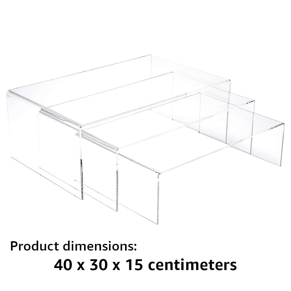3-Tier Acrylic Shelf Riser, Rectangular Display Stand for Retail Merchandising, Figurines, or Treats, Durable Countertop Display Organizer, Transparent Design, Clear