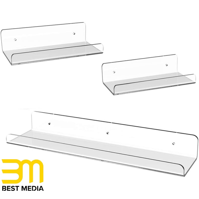 3 Pack Clear Acrylic Floating Shelves for Wall – 39 cm Modern Wall-Mounted Ledge for Books, Photos, and Spices, Invisible Display and Storage Rack for Home and Office