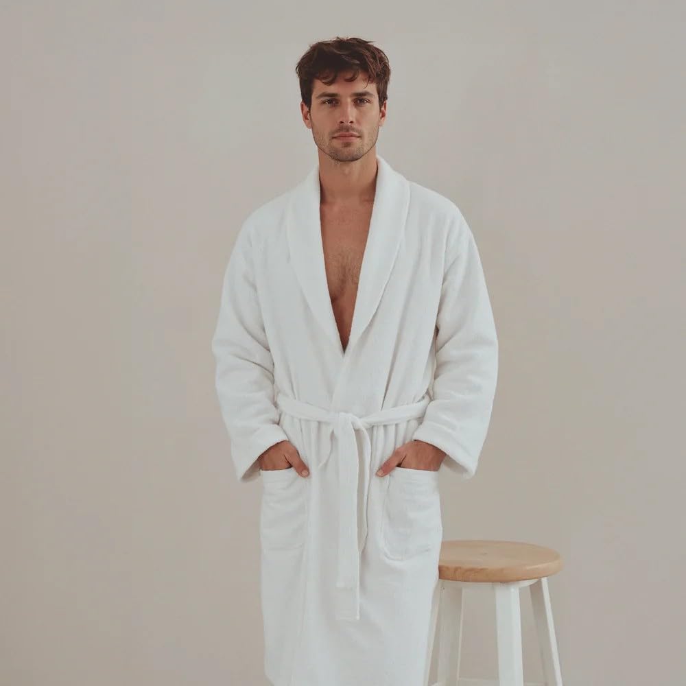Hotel Collection Bathrobe in White, made from 100% Soft and Absorbent Cotton, a Unisex Robe for Men and Women, One Size Fits All, 1350g, perfect for Home, Spa, and Bathroom Luxury Use