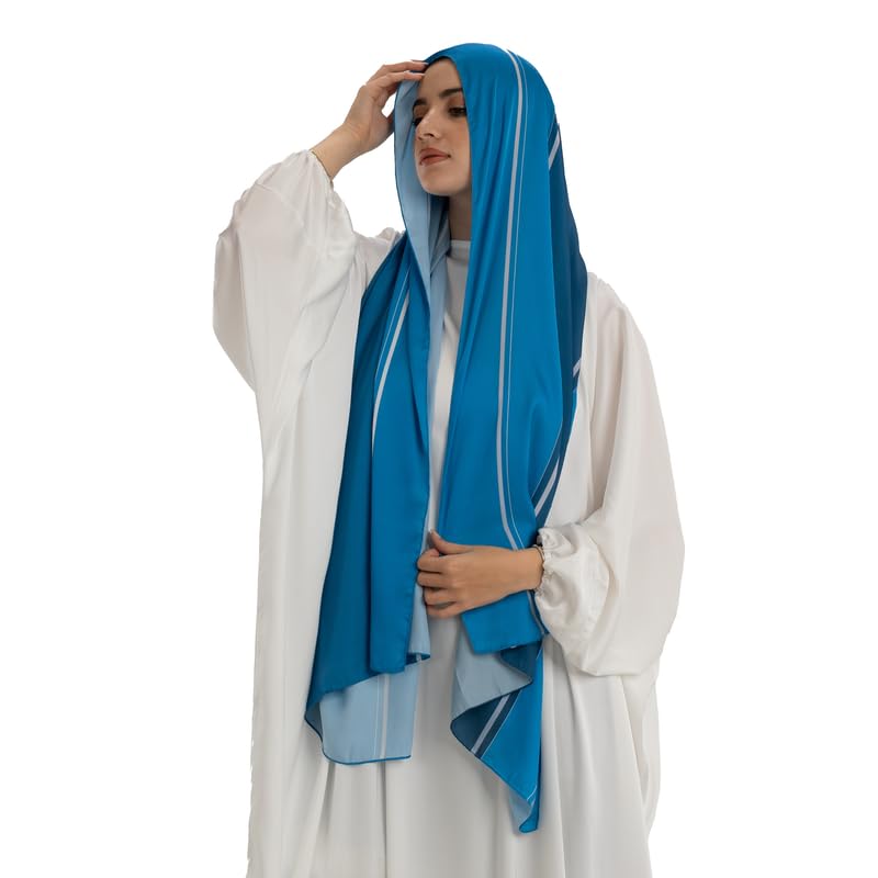 Isdal Al-Taqwa Women's Prayer Dress, a One-Piece Garment in Blue & White from Soft Satin for Full Modest Coverage, One Size, a Comfortable and Convenient Prayer Abaya Khimar for Salah
