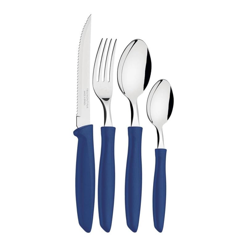 Plenus 25-Piece Cutlery Set with Blue Handles - Complete Set of Stainless Steel Knives, Forks, and Spoons for Everyday Dining and Entertaining - Designed for High Performance and