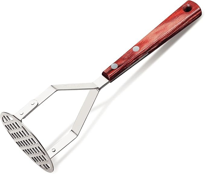 Ceramic Hand Potato Masher with Durable Polywood Handle, Heat-Resistant, Ergonomic Design, Non-Stick Surface, Ideal for Potatoes, Vegetables, and Fruits - Red