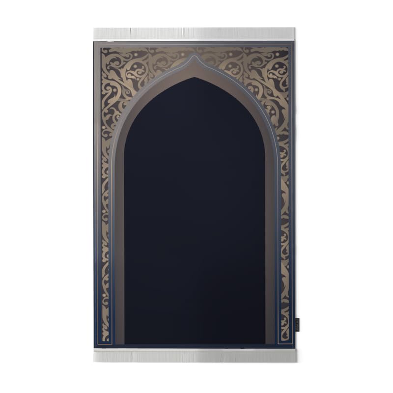 Al-Hedaya Velvet Prayer Mat, a Luxurious Islamic Rug in Blue & Beige from Soft Velvet Material, 68x117 cm, for Comfortable Prayer, Ideal for Home, Mosque, or as a Travel Janamaz