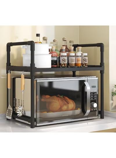 2-Tier Adjustable Microwave Oven Rack, Kitchen Countertop Organizer Shelf with Hooks, Space Saving Storage Rack for Spices, Utensils and Kitchen Supplies (Black)