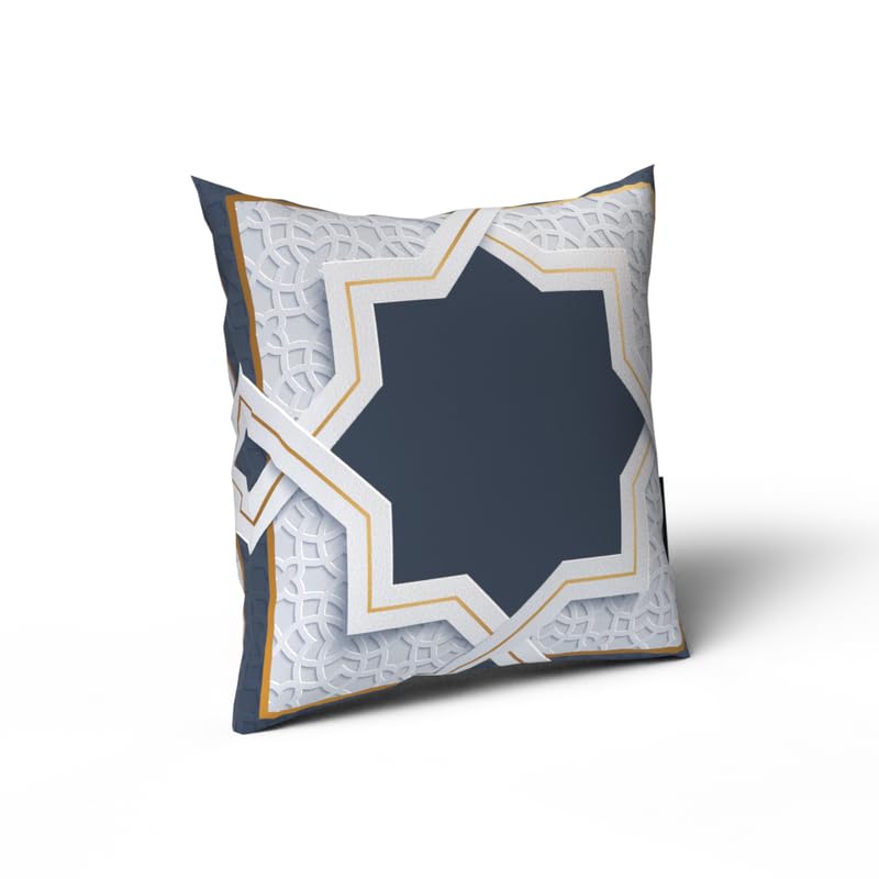 Rak2 Velvet Cushion Cover in White & Blue, a stylish 40x40 cm decorative throw pillow with a unique Islamic art design, a perfect festive home accent for Ramadan and Eid celebrations