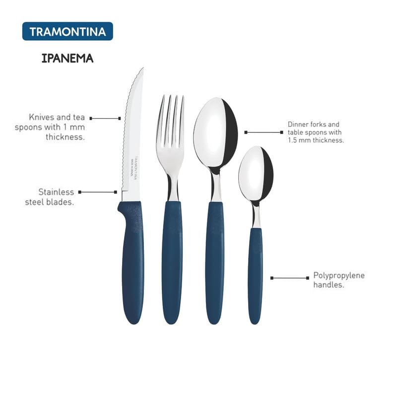 Ipanema Flatware Set, Stainless Steel Blades, Polypropylene Handles, 24-Piece Cutlery for Dining and Everyday Use, Durable and Dishwasher Safe