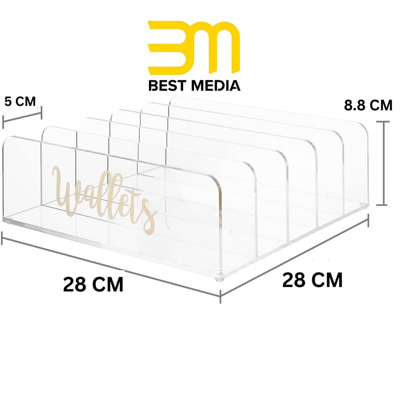 5-Section Acrylic Wallet Holder with Brass "Wallets" Label, Premium Clear Clutch and Purse Organizer for Closet Storage, Modern Desktop and Retail Display Rack