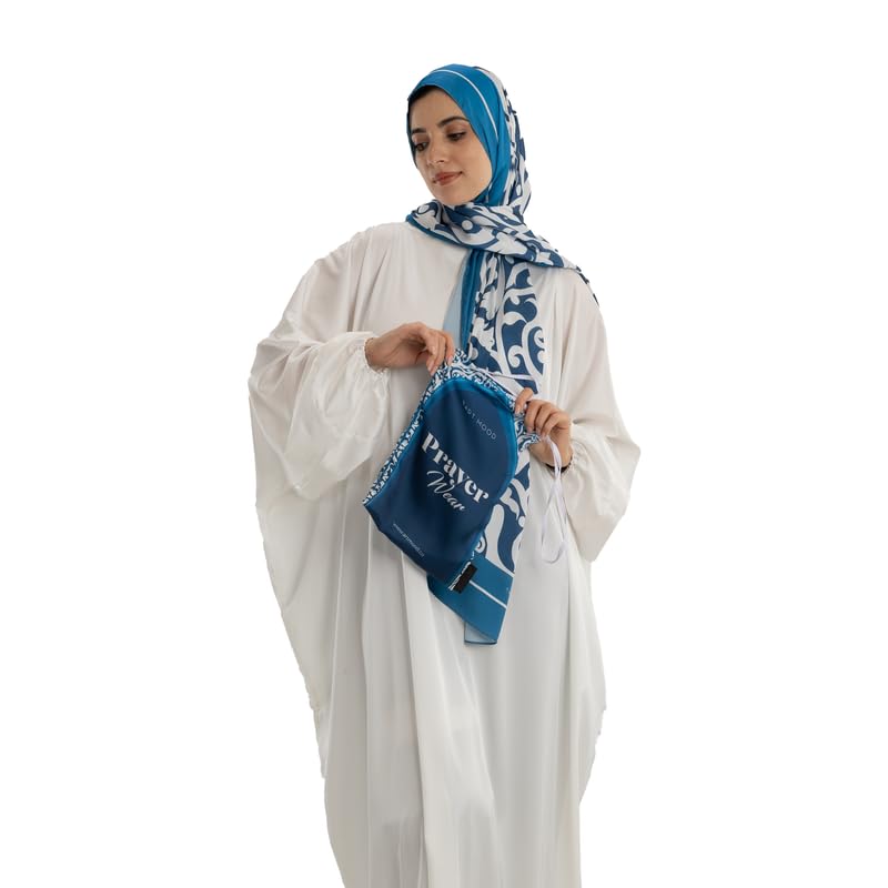 Isdal Al-Hedaya Women's Prayer Dress, a One-Piece Garment in Blue & White made from Soft Satin Fabric for Full Coverage, One Size Fits All, a Comfortable Abaya Khimar for Daily Salah