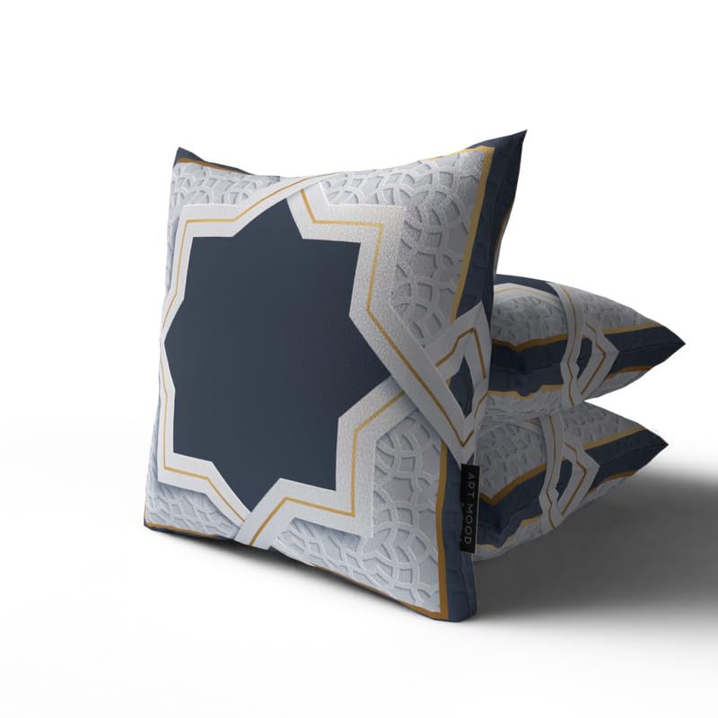 Rak2 Velvet Cushion Cover in White & Blue, a stylish 40x40 cm decorative throw pillow with a unique Islamic art design, a perfect festive home accent for Ramadan and Eid celebrations