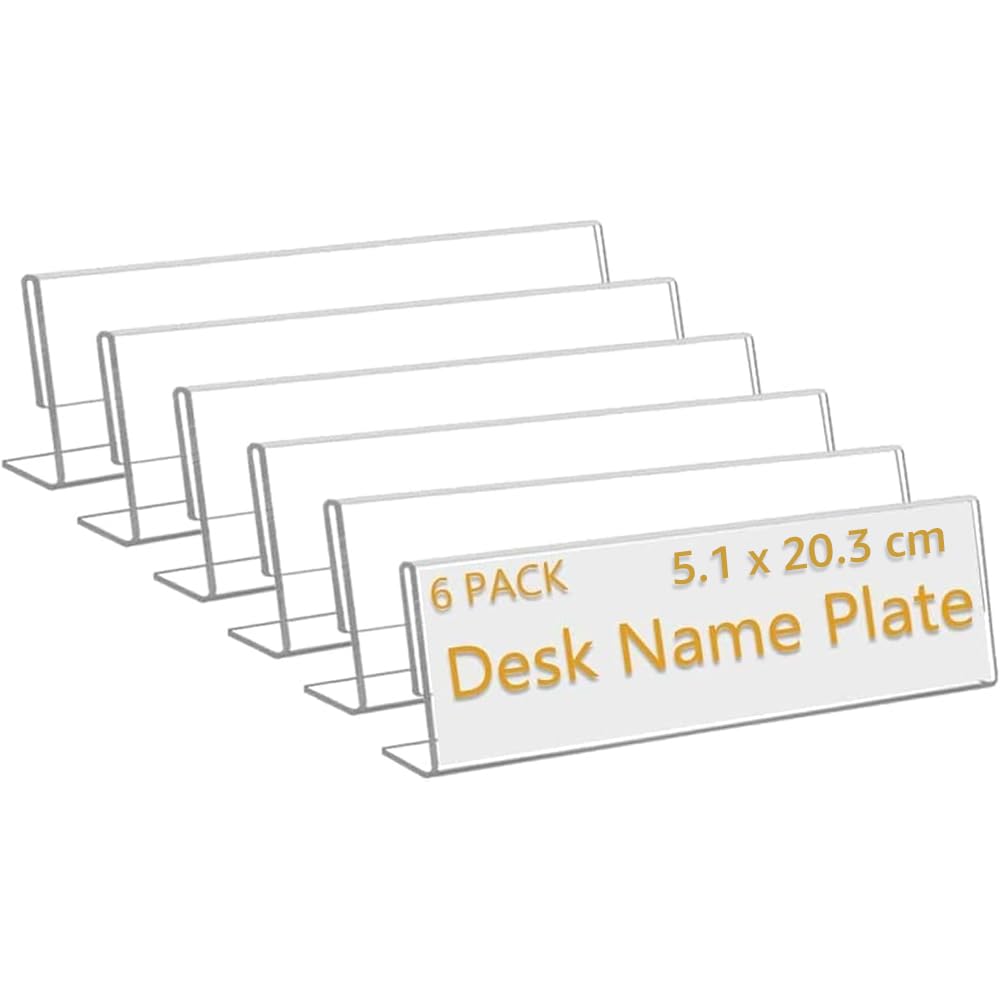 Acrylic Name Plate Holders, 6-Pack Clear Horizontal Slant Back Sign Holders, 5 x 20 cm Table Display for Desk, Office, Classroom, Event and Business Use, Blank Plastic Name Plate Holders
