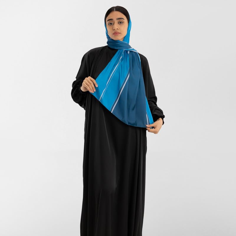 Isdal Al-Taqwa Women's Prayer Dress, a Full-Coverage One-Piece Garment in Blue & Black made of Soft Satin Fabric, One Size Fits All, a Beautiful and Comfortable Khimar for Islamic Worship