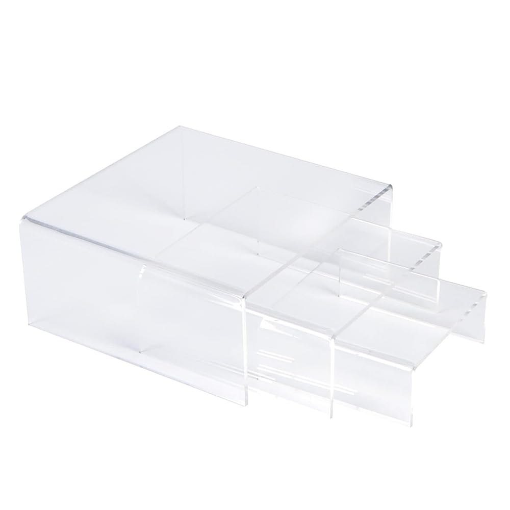 3-Piece Acrylic Display Risers, Medium Clear Tiered Stand Set for Showcasing Cupcakes, Desserts, Jewelry, Figurines, Photos or Candy in Home or Retail Settings, Durable Low Profile, Clear