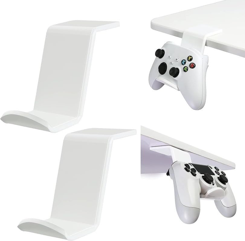 Universal Gamepad Controller Stand for Desk, Tabletop Gaming Accessories Holder for XBOX, PS5, PS4, and PC Controllers with Cable Clips, Under-Desk Mount Option (White)