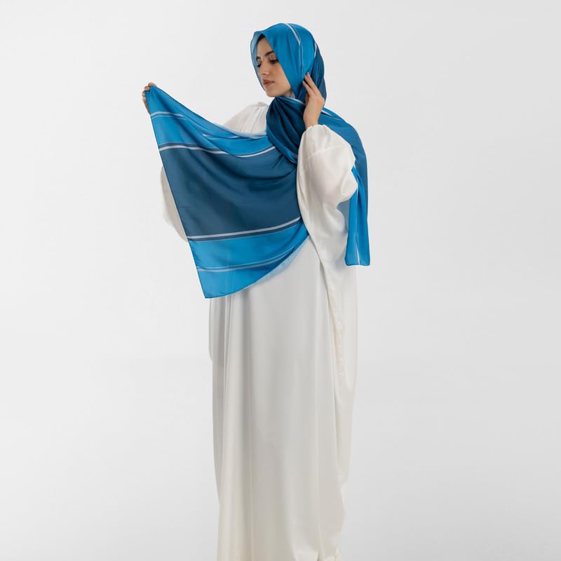 Isdal Al-Taqwa Women's Prayer Dress, a One-Piece Garment in Blue & White from Soft Satin for Full Modest Coverage, One Size, a Comfortable and Convenient Prayer Abaya Khimar for Salah