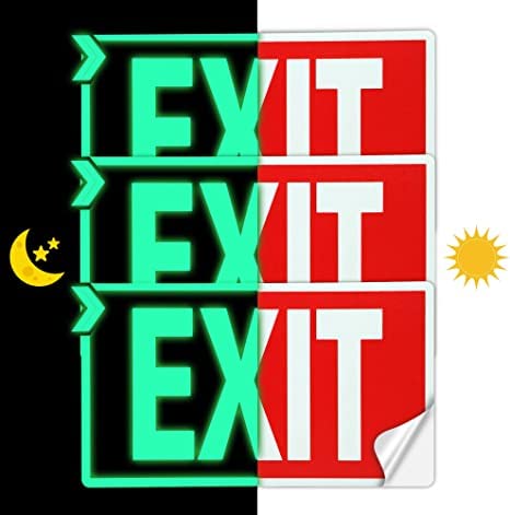 EXIT Signs, 3-Pack Glow in the Dark Photoluminescent EXIT Decal Stickers, 30 x 18 cm Self-Adhesive Emergency Exit Signs for Walls and Doors, Safety Signage for Home, Office