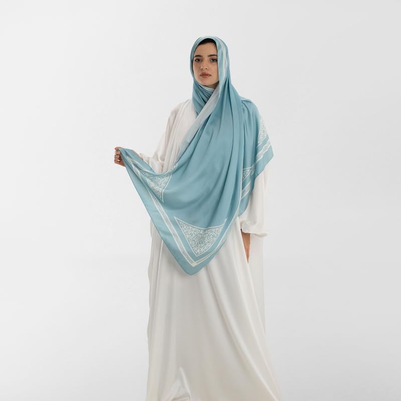 Isdal Al-Qubba Women's Prayer Dress, a One-Piece Garment in Blue & White made from Elegant Satin Fabric for Complete Coverage, One Size Fits All, a Comfortable Khimar for Daily Salah