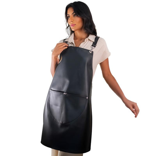 مريلة جلدية فاخرة - مريلة جلدية صناعية متينة مع أحزمة وجيوب قابلة للتعديل، مثالية للطهاة ومحترفي القهوة والشواء والحرف اليدوية - أنيقة وسهلة التنظيف