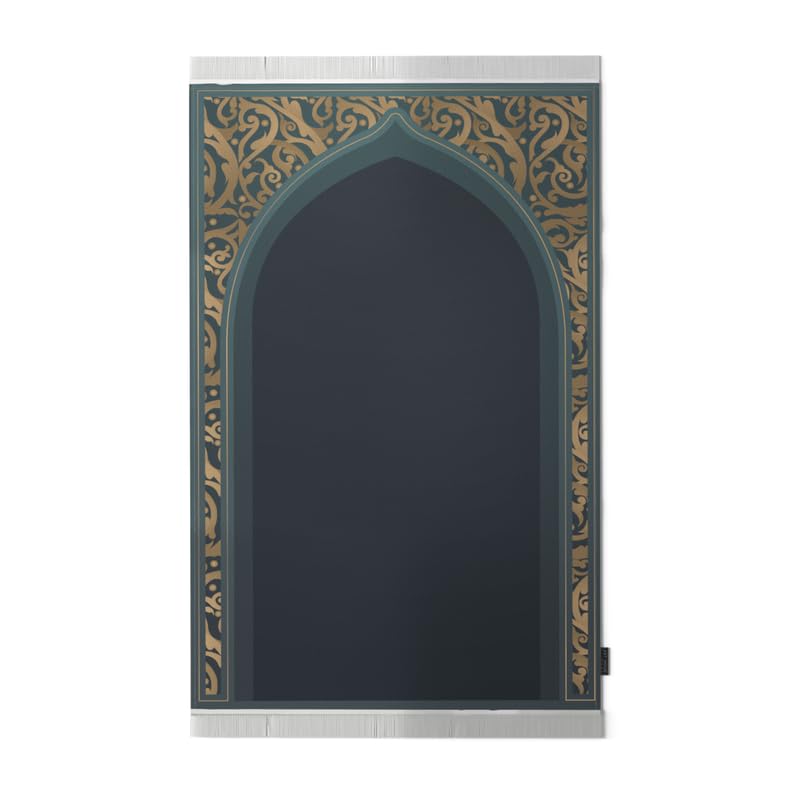 Velvet Prayer Mat in Teal and Gold, 68x117 cm, a luxurious and soft rug with a stunning, opulent design, providing a comfortable and elegant surface for your prayers at home or mosque