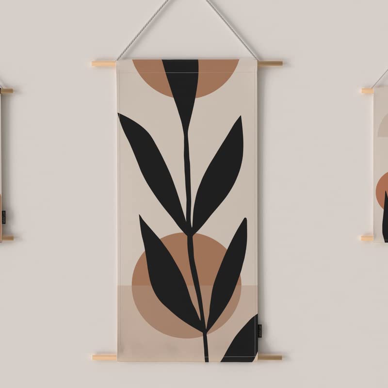 Black Leaf 3-Piece Fabric Poster Set, a Wall Art Decor Kit with 1 Large (90x44 cm) and 2 Small (42x22 cm) Panels, a Monochromatic Botanical Design for Living Room or Bedroom Decor